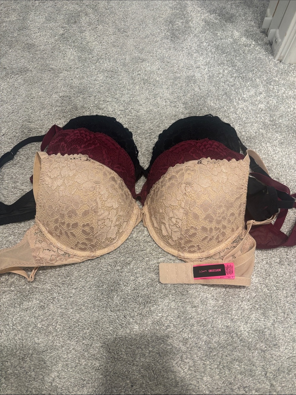 La Senza "Obsession" Lace Push-Up Bra - 32DD- 3 pack - Beige, Burgundy, Black